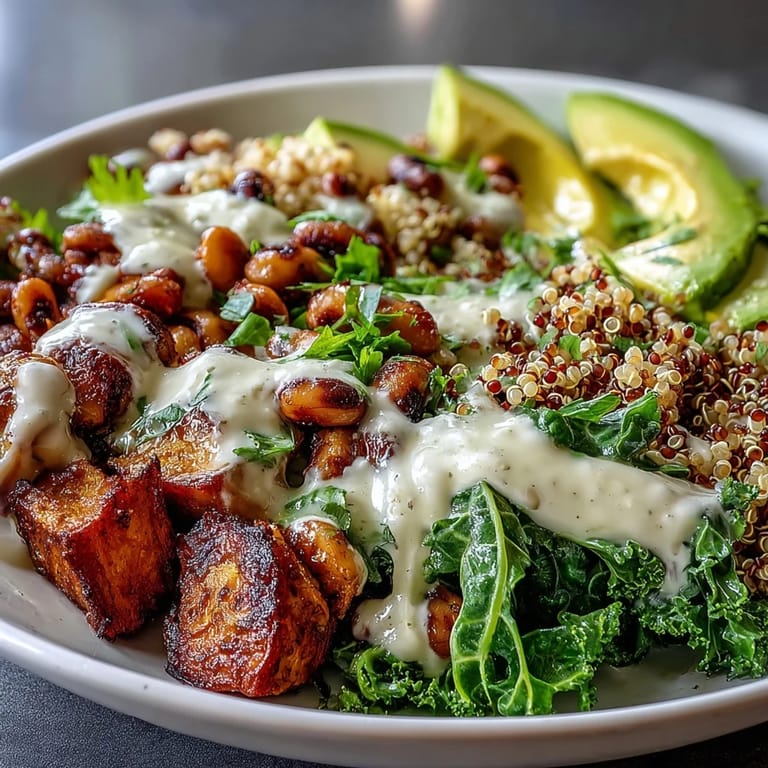 Close-up of a nourishing Black-Eyed Pea Buddha Bowl featuring seasoned black-eyed peas, fresh spinach, and colorful vegetables on a fluffy grain base.