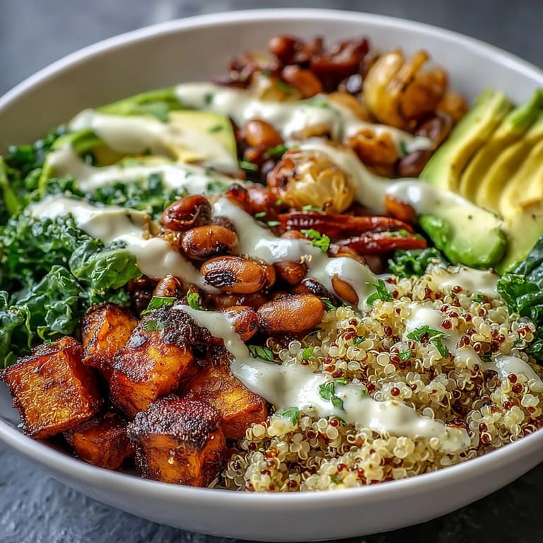 Black-Eyed Pea Buddha Bowl served with roasted vegetables, sliced avocado, and fresh cilantro, drizzled with creamy tahini dressing for a plant-based meal.