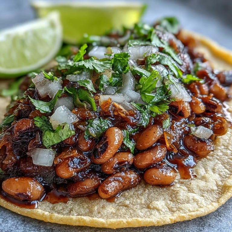 A serving plate of Black-Eyed Pea Tacos with lime wedges, salsa, and avocado slices on a rustic wooden table.
