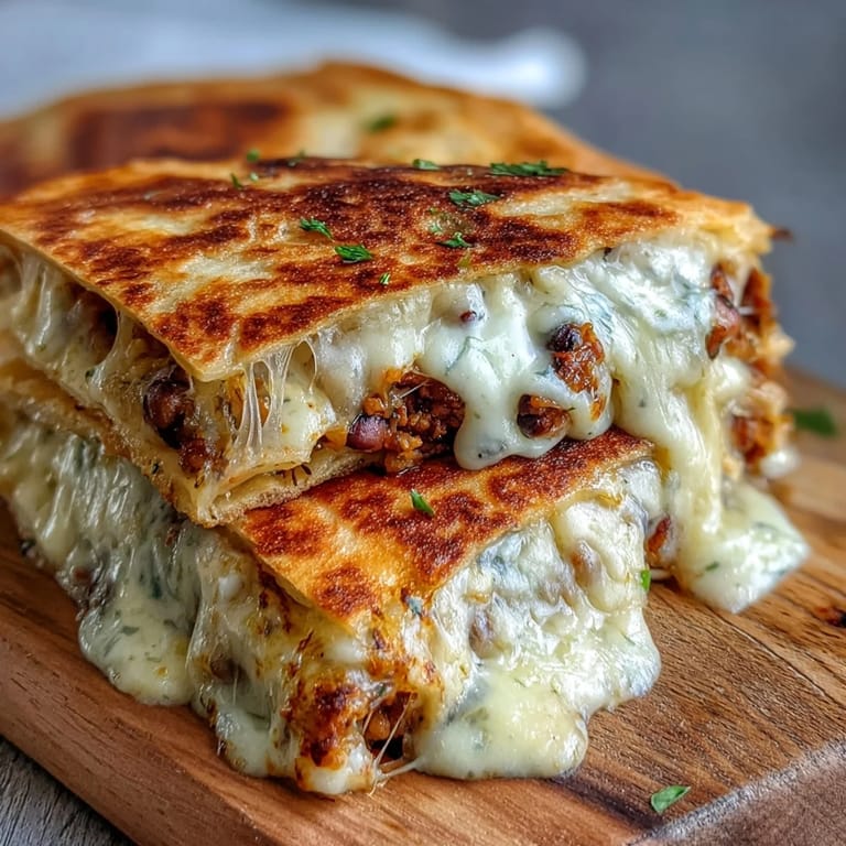 Close-up of a skillet-fried Black-Eyed Pea Quesadilla revealing a hearty, protein-packed vegetarian filling with warm Tex-Mex spices.