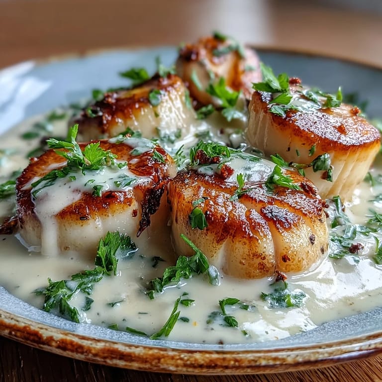Pan-seared scallops with golden crusts, bathed in a spicy, creamy Cajun sauce over a white plate.
