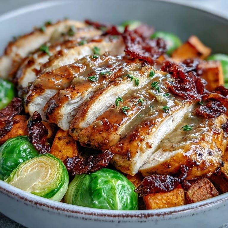 A close-up shows juicy maple Dijon chicken over brown rice with roasted veggies and fresh parsley, perfect for a weeknight dinner.