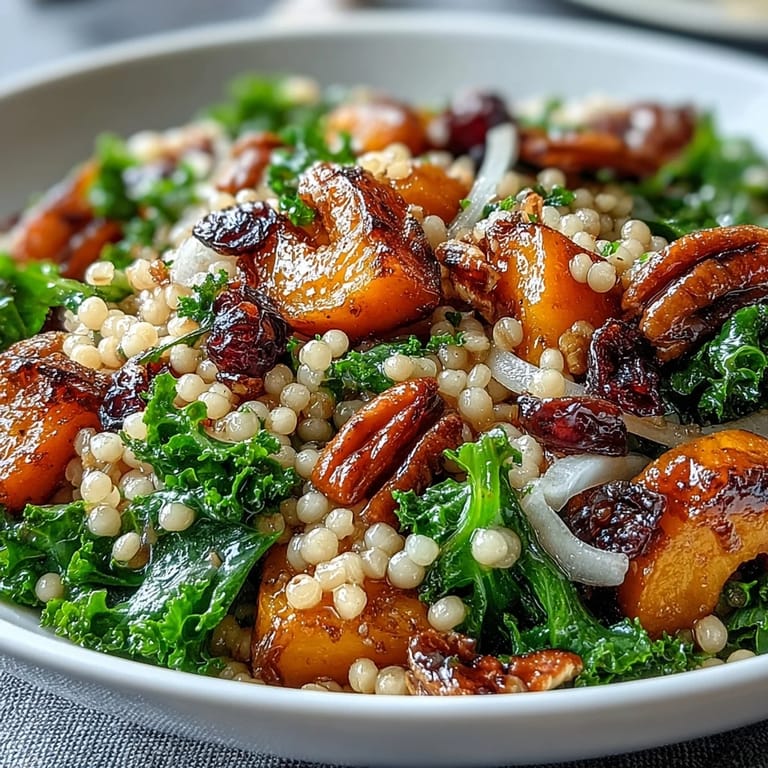 Festive bowl of Honey Autumn Pearl Couscous Salad drizzled with honey-citrus dressing, perfect for a Thanksgiving side dish.