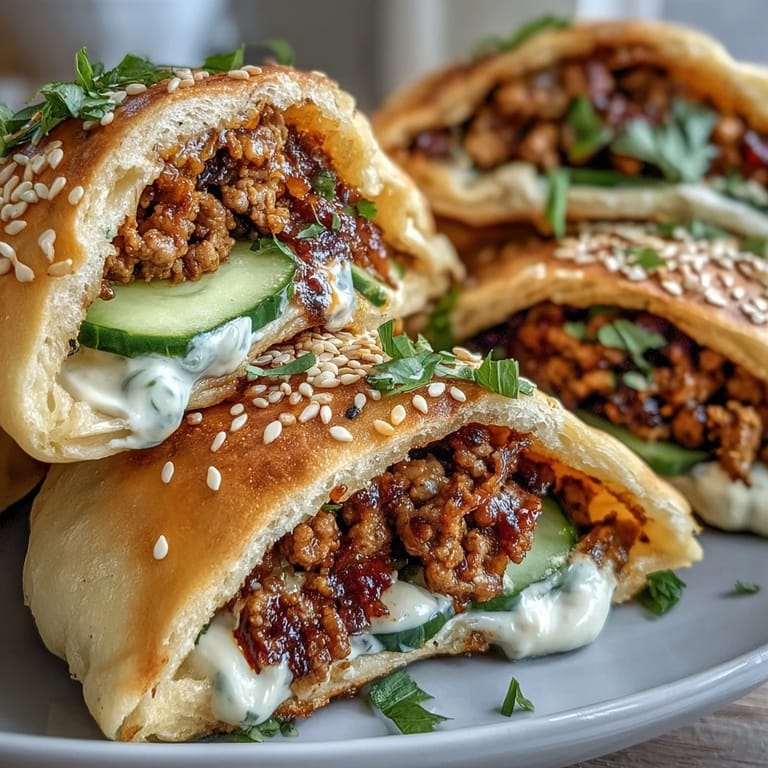 An overhead shot of four Korean turkey stuffed naan pockets with gochujang mayo and cucumber, ready to serve for dinner.