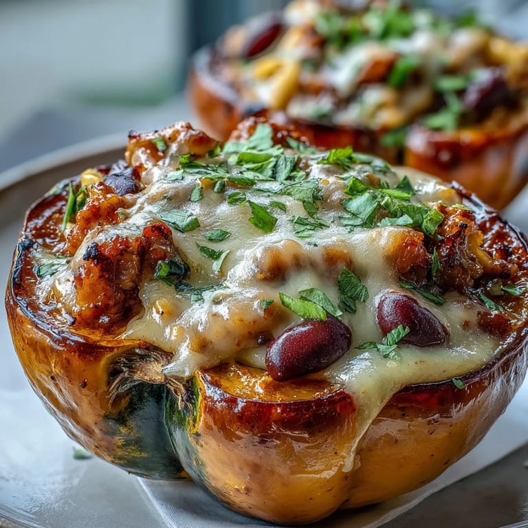 Freshly chopped cilantro and a sweet hot honey drizzle garnish the Hot Honey Chili Mac stuffed squash.