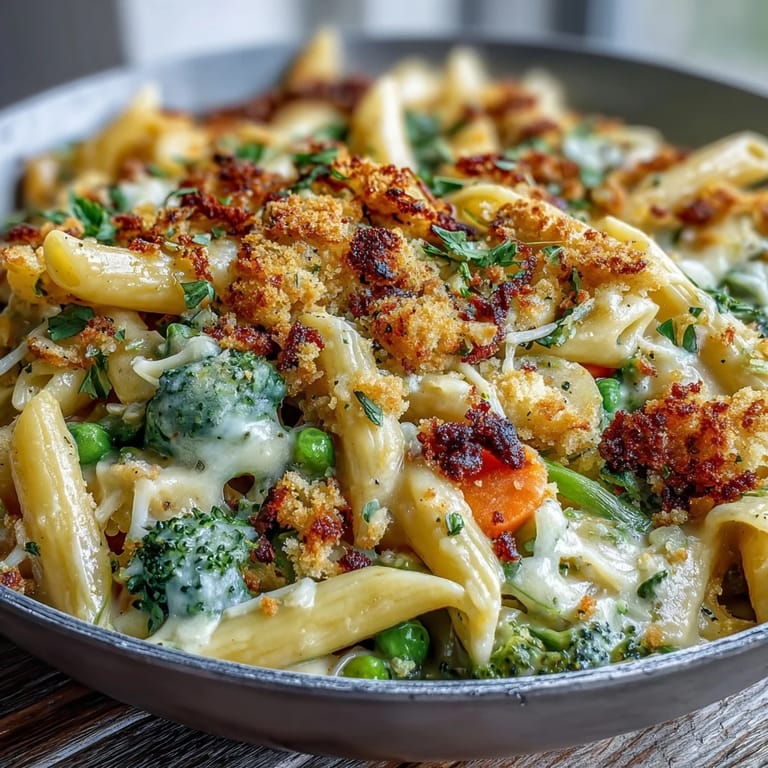 A steaming bowl of Veggie Pot Pie Pasta reveals a luscious, creamy sauce flecked with thyme and piled with a crisp breadcrumb topping.  