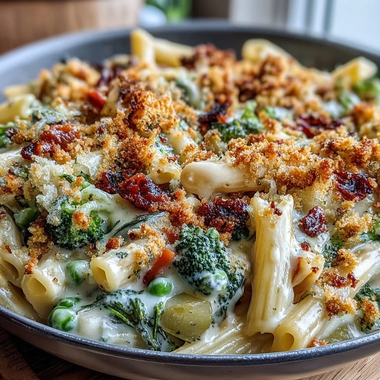 Hearty one-pot Veggie Pot Pie Pasta is served hot, showcasing colorful vegetables and a savory, golden-crumbed finish for a comforting meal.
