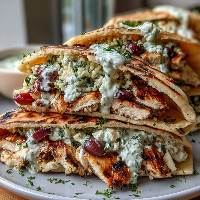 Golden grilled chicken slices layered into fluffy couscous salad with tomatoes, cucumbers, olives, and feta inside warm pita.