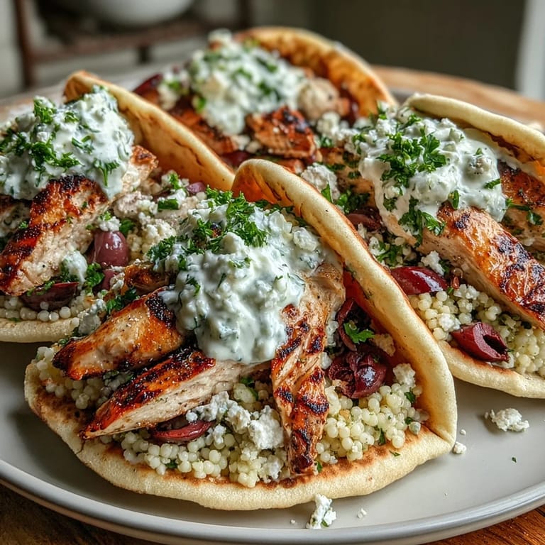 Mediterranean meal close-up of Greek Chicken Feta Stuffed Pitas filled with juicy chicken, tzatziki, and fresh salad.