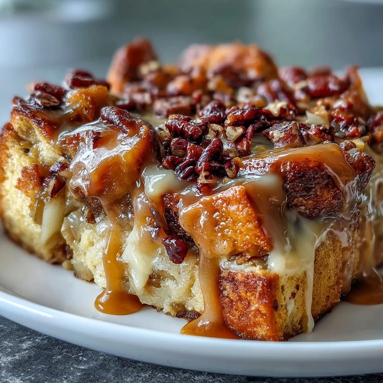 Homemade caramel apple cheesecake bread pudding on a rustic table, perfect for a cozy fall dessert.