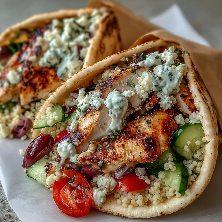 Vibrant Greek Chicken Feta Stuffed Pitas filled with fresh couscous salad and crumbled feta.