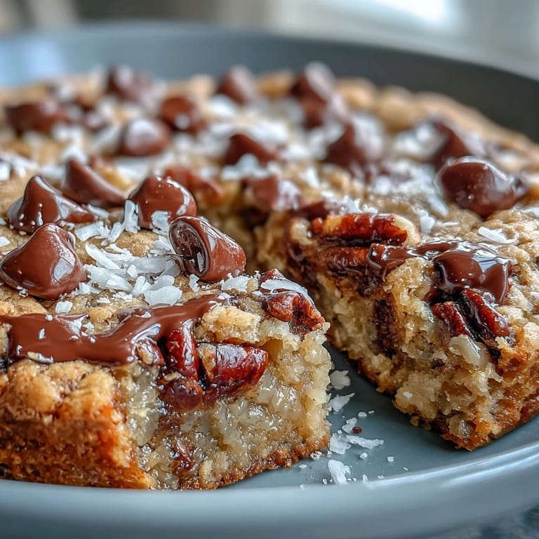 Golden-baked Chunky Monkey Oatmeal Cookie Skillet served directly from a cast-iron pan.