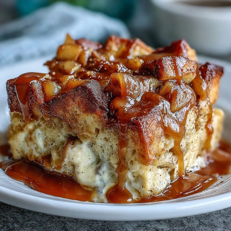 Golden slices of Caramel Apple Cheesecake Bread Pudding reveal creamy cheesecake swirls and tender apple chunks on a rustic plate.