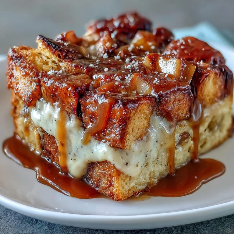 Decadent Caramel Apple Cheesecake Bread Pudding sits beside a scoop of vanilla ice cream, melting into the caramel drizzle on top.