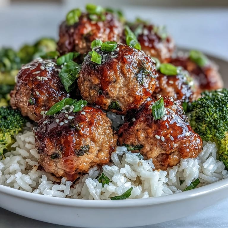 Juicy turkey meatballs simmer in sweet garlic glaze over rice and blanched broccoli, served in a ceramic bowl for a wholesome meal.