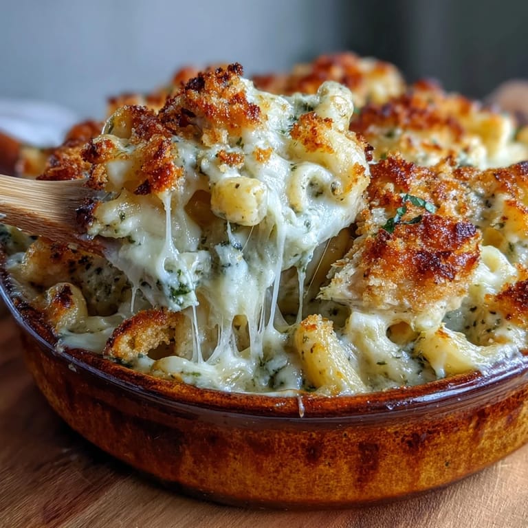 Creamy Baked Pesto Chicken Mac & Cheese showcases vibrant green pesto sauce and juicy chicken pieces inside melted cheese.