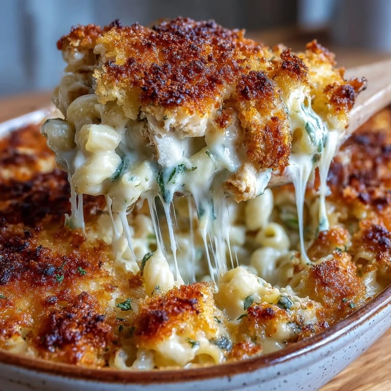 Family-style Baked Pesto Chicken Mac & Cheese is plated alongside a crisp green salad for a complete weeknight dinner.