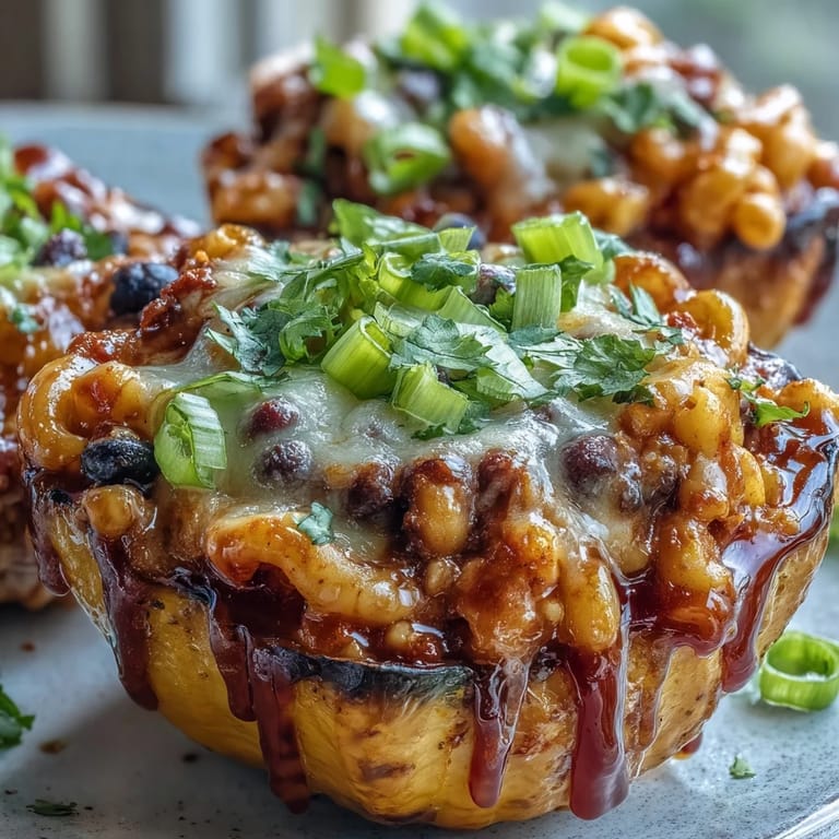 Spicy vegetarian chili mac and cheese stuffed inside tender baked squash topped with hot honey.