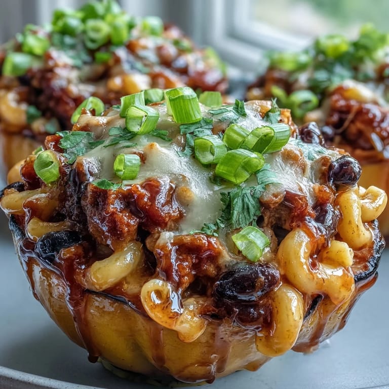 Golden brown acorn squash filled with savory chili mac and drizzled with sweet and spicy honey.