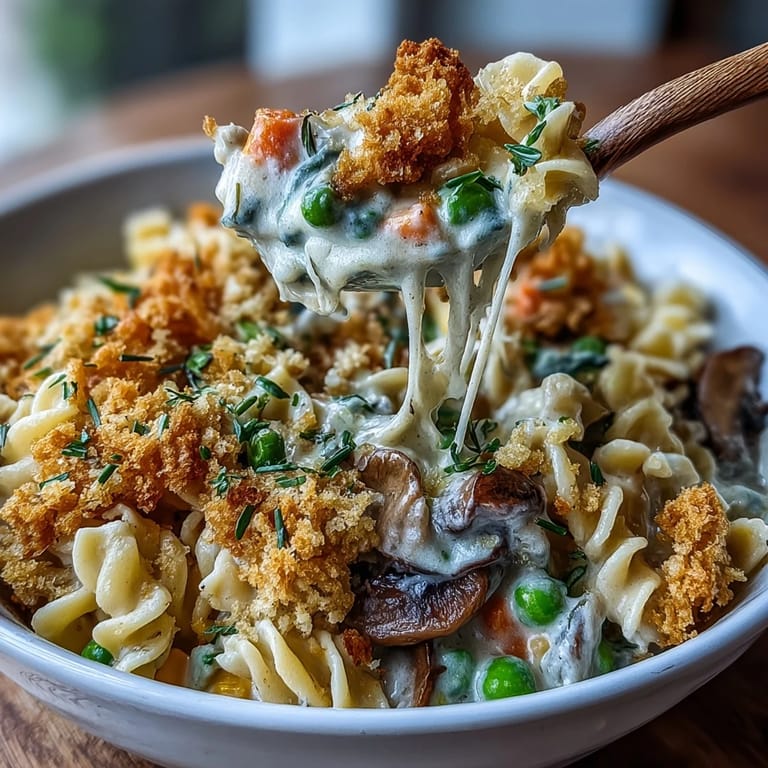 Serving dish of creamy veggie pot pie pasta with a golden biscuit crust, accompanied by a simple green salad.