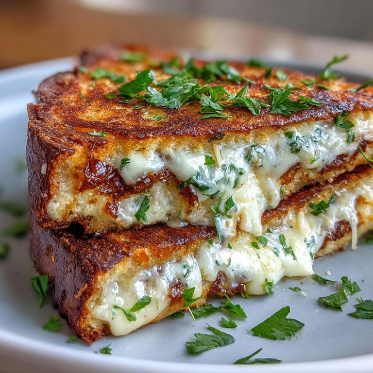 Gooey mozzarella stretches as the sandwich is sliced, revealing a golden-brown Brown Butter Garlic Naan Grilled Cheese inside.