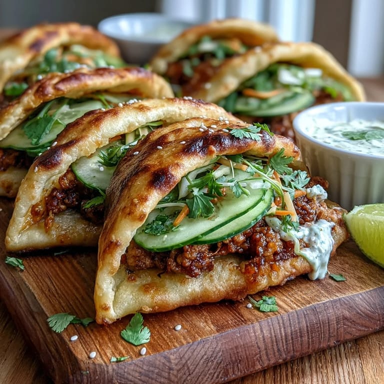 Freshly warmed naan filled with savory Korean turkey, shredded carrots, and cilantro, served with spicy gochujang mayo and lime wedges on a plate.