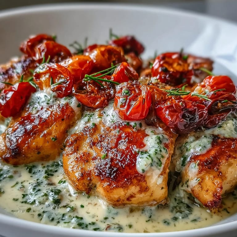 Juicy roasted cherry tomatoes add vibrant color and sweetness to Keto Creamy Pesto Chicken, served hot from the skillet.