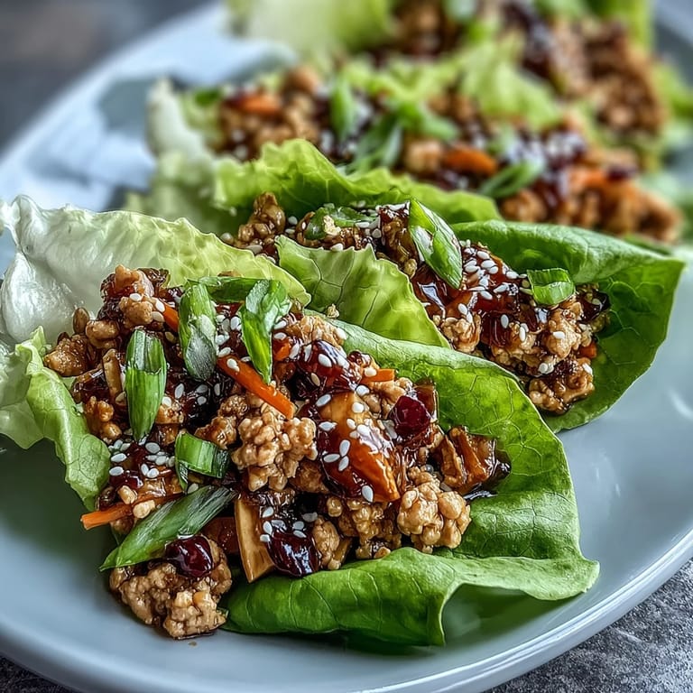 Healthy Skinny Asian Chicken Lettuce Wraps with Hoisin Sauce served as a low-carb appetizer or light dinner, garnished with fresh green onions and sesame seeds on a rustic wooden table.