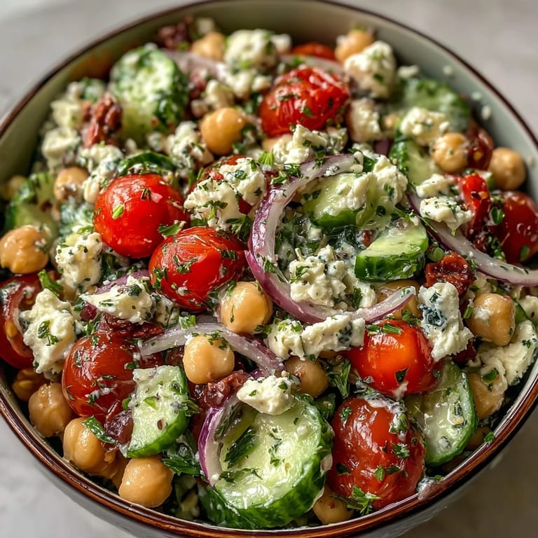 Colorful Mediterranean Chickpea Salad featuring creamy feta crumbles, hearty chickpeas, and vibrant bell peppers served in a rustic white bowl.