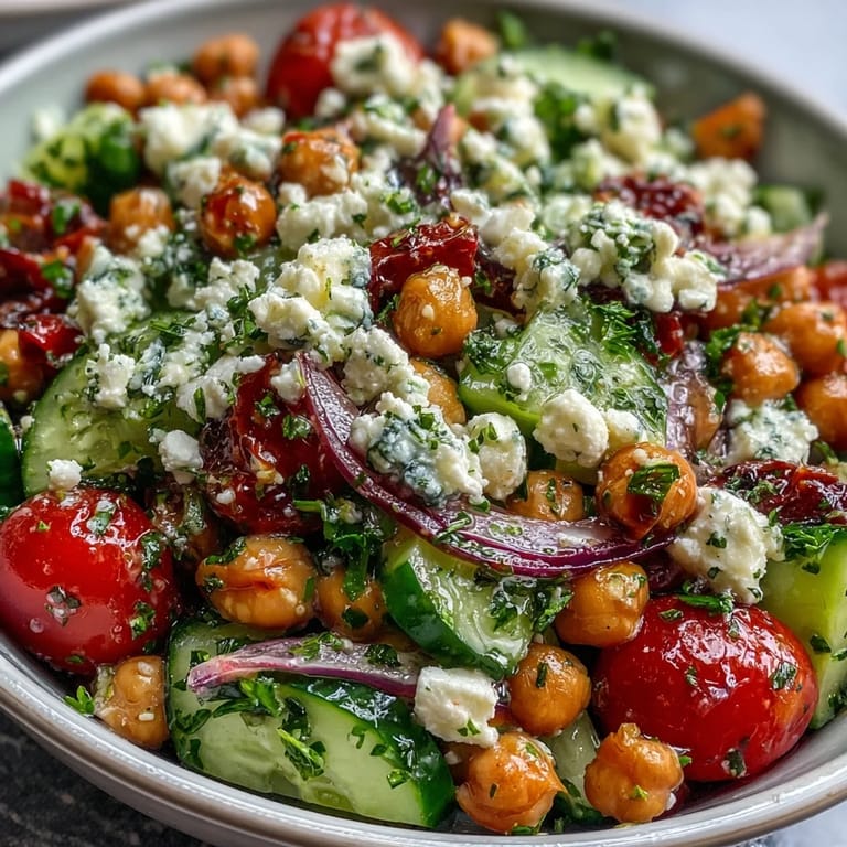 Healthy Mediterranean Chickpea Salad with chopped parsley and fresh vegetables, perfect for a light lunch or summer potluck side dish.