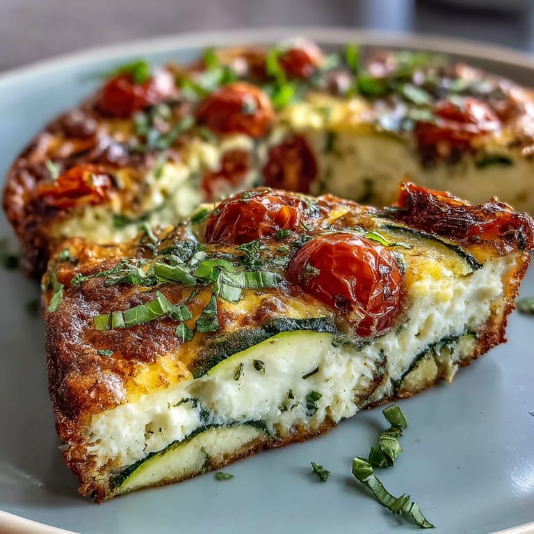 Sliced wedge of Light Zucchini and Tomato Frittata on a white plate, beside halved cherry tomatoes and fresh basil.