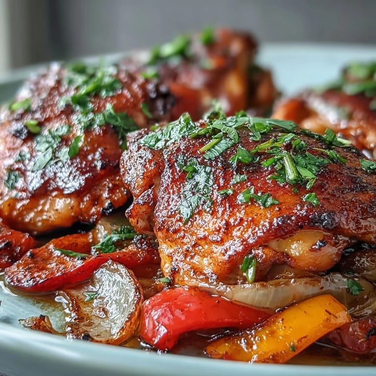 Golden crispy One-Pan Paprika Chicken served alongside colorful sweet peppers and onions.