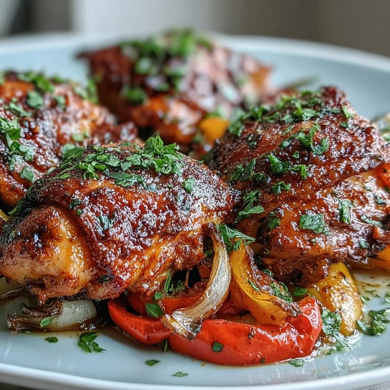 Rustic skillet of One-Pan Paprika Chicken with tender vegetables and fresh parsley garnish.