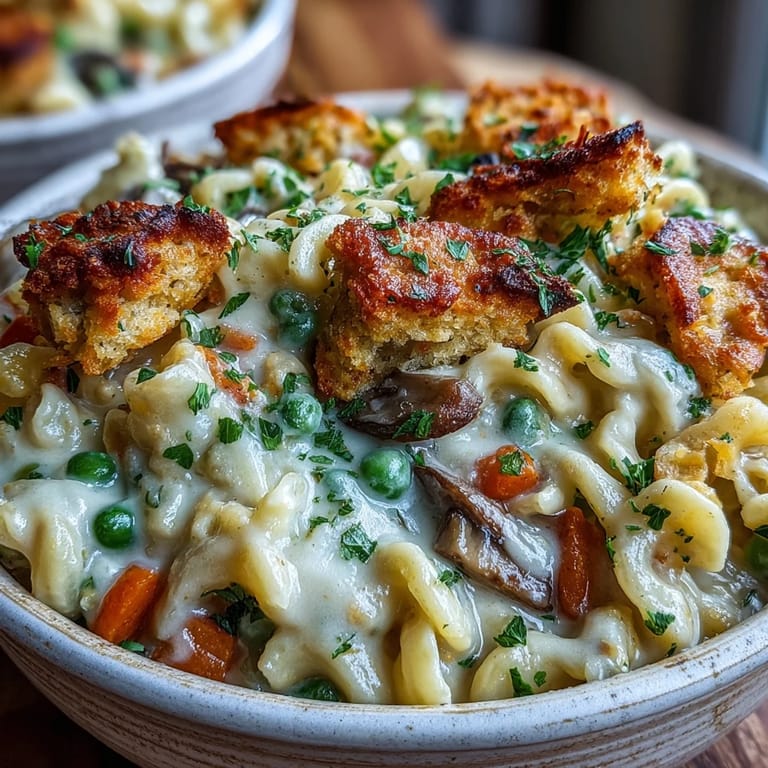 A fork lifts cheesy pasta from an oven-safe pot, showcasing the easy vegetarian weeknight dinner topped with crispy crumbs.