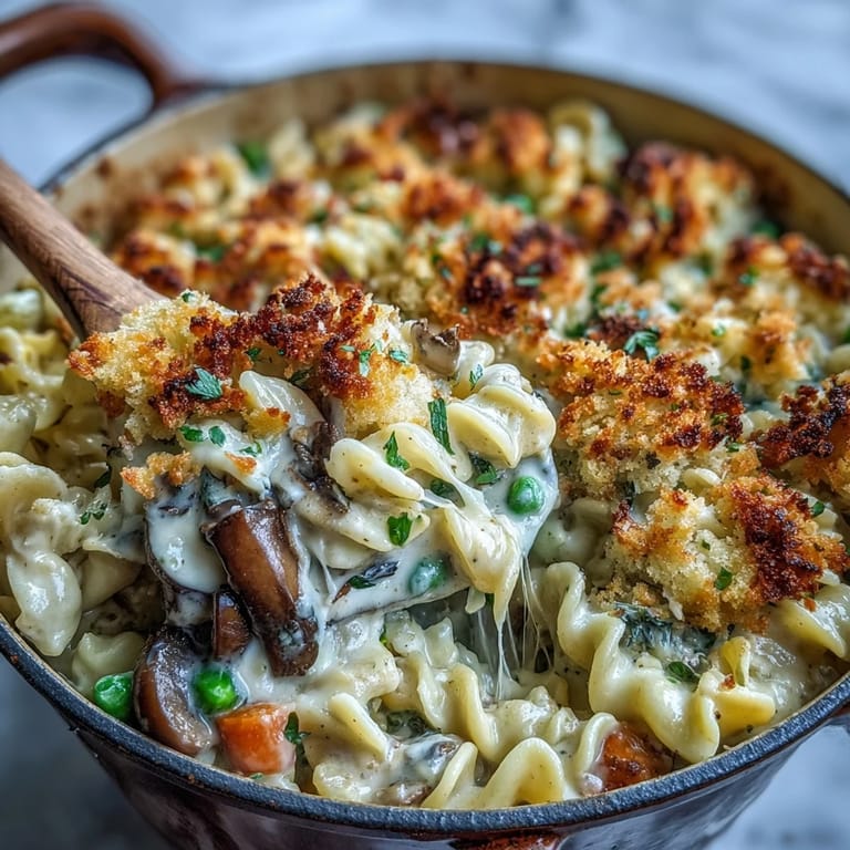 Serving dish of creamy veggie pot pie pasta with a golden biscuit crust, accompanied by a simple green salad.
