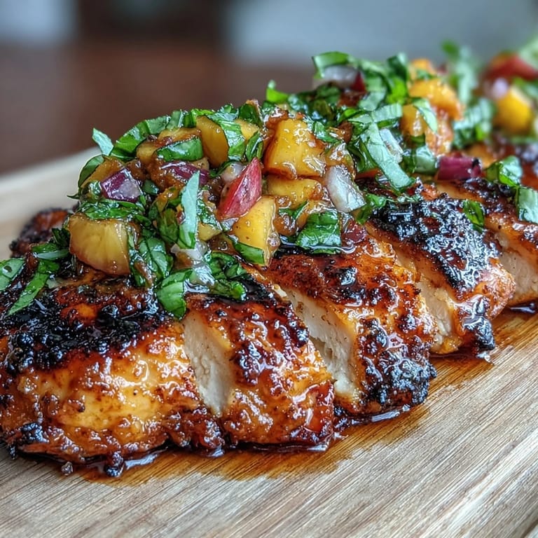 Juicy grilled chicken topped with a vibrant peach basil salsa, combining ripe peaches and fragrant herbs for a refreshing main dish.