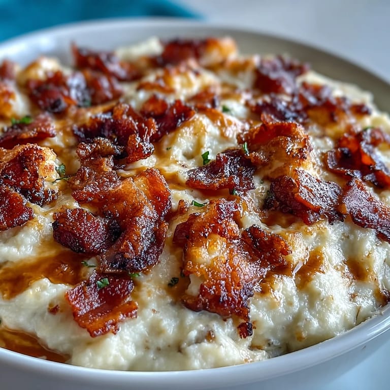 Roasted cauliflower and garlic pureed with butter and cream cheese, then topped with melted cheddar and crispy bacon crumbles.
