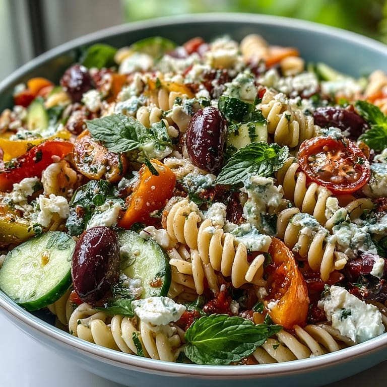 Vibrant Summer Slim Greek Pasta Salad loaded with fresh veggies, tangy olives, and light feta for a refreshing meal.