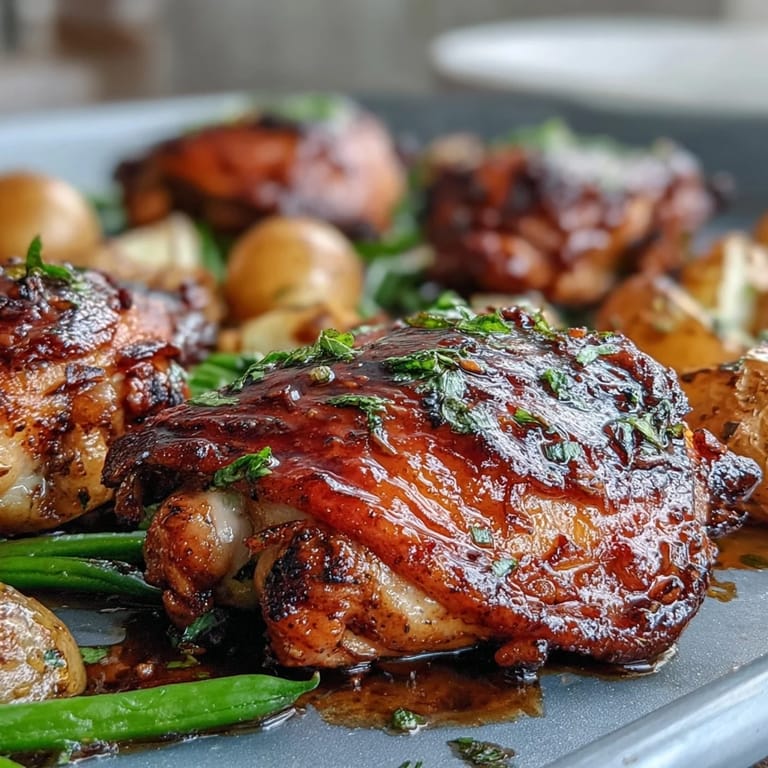 Juicy bone-in chicken thighs shine with a glossy honey garlic sauce, paired with tender potatoes and fresh green beans on one pan.  