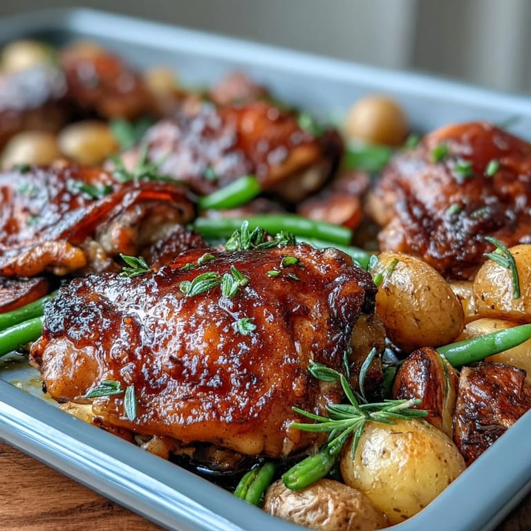Sweet and savory honey garlic chicken with golden roasted potatoes and bright green beans, perfect for a quick and healthy dinner.
