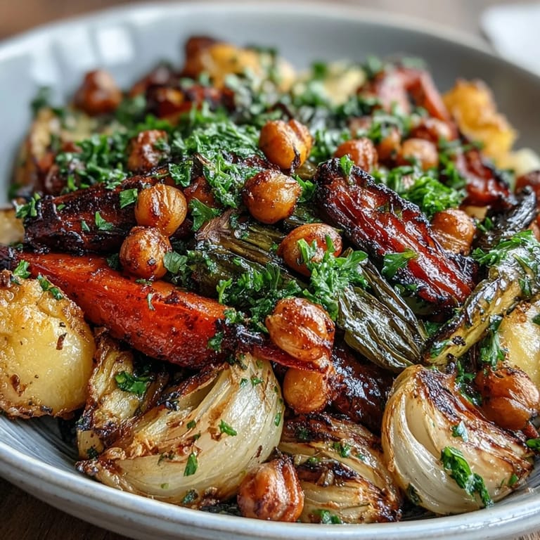 Lemon garlic roasted vegetables and chickpeas served on a platter, showcasing vibrant colors and fresh flavors for a wholesome meal.