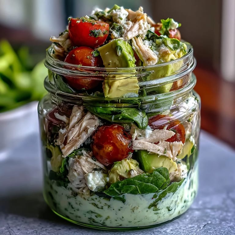 Creamy avocado and tender chicken create a mayo-free keto lunch in portable mason jars.  