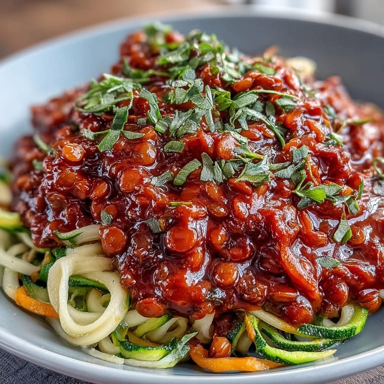 Rich, aromatic lentil Bolognese simmered with herbs, served over fresh spiralized zucchini and carrot noodles.  