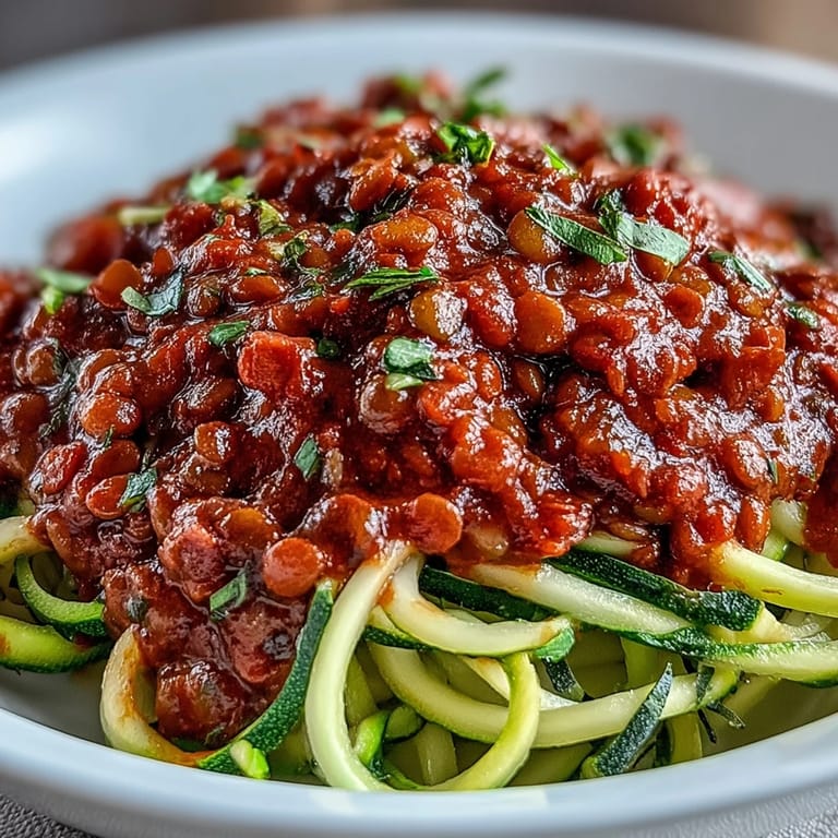 Hearty plant-based lentil Bolognese with tender vegetables spooned over vibrant spiralized zucchini and carrots.