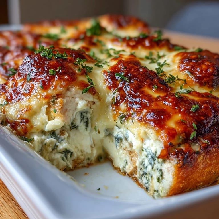 Cheesy keto spinach artichoke chicken casserole baked until bubbly with layers of chicken, artichokes, and creamy sauce.