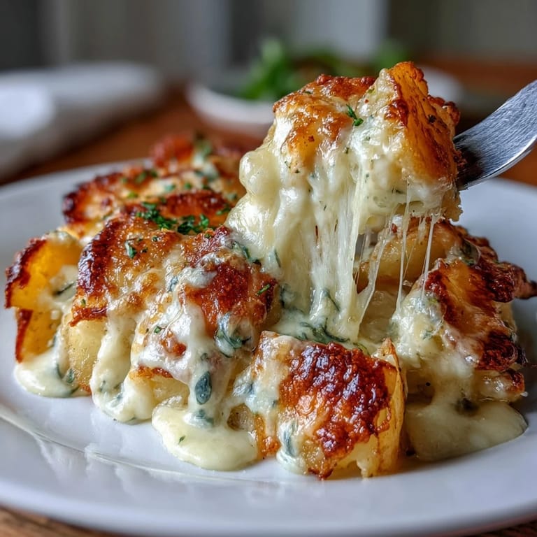 Decadent layers of smashed Yukon Gold potatoes topped with Gruyère, mozzarella, and Parmesan cheese gratin.  