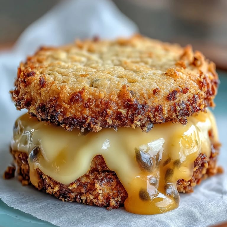 Delicate sandwich cookies filled with vibrant passionfruit curd, offering a buttery texture and zesty tropical flavor in every bite.