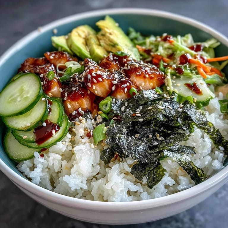 Japanese-inspired sushi bowl with seasoned rice, crunchy veggies, and spicy mayo, topped with nori strips and sesame seeds.