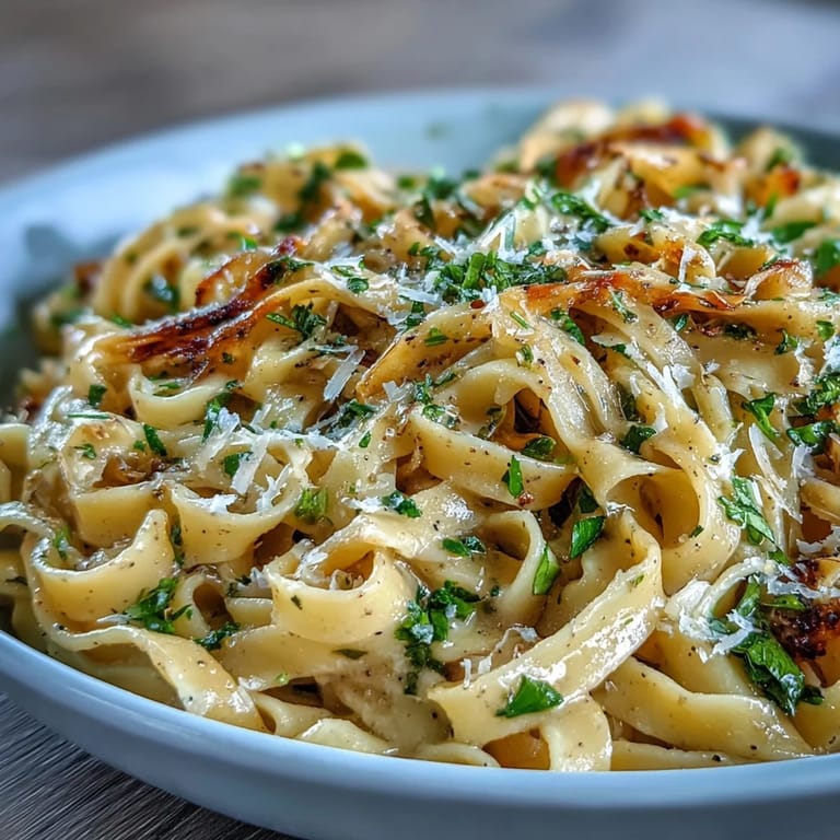Elegant truffle-infused egg pasta is plated with a drizzle of aromatic oil and a snowy blanket of Parmesan cheese.