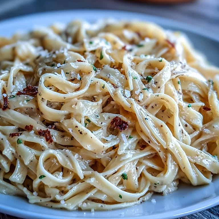 Silky strands of homemade egg pasta are coated in truffle butter, topped with freshly grated Parmesan and cracked black pepper.